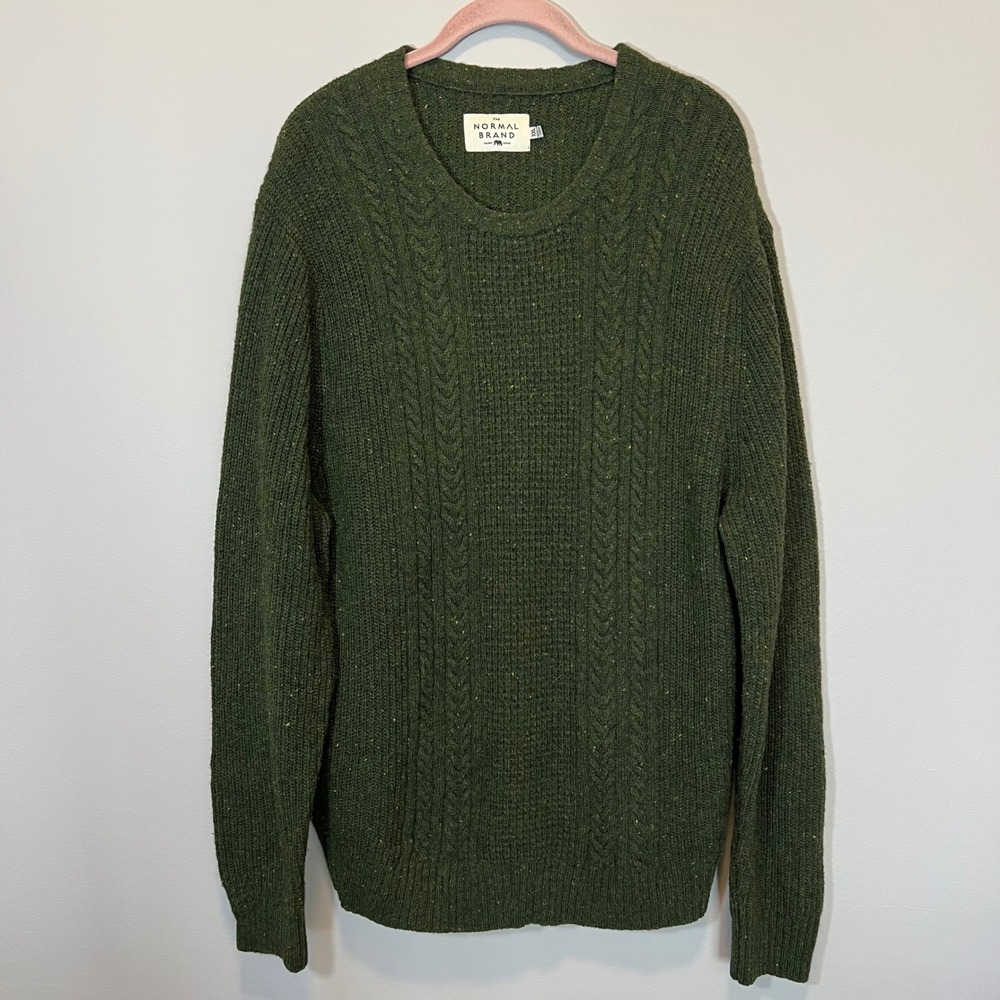 The Normal Brand Men;s XXL Green Cable Knit Wool Blend Donegal Sweater Crewneck